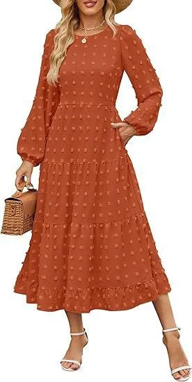 Women's beige high waist long sleeve dress with ruffle sleeves, shown front view.