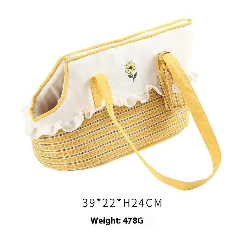 Shoulder cat bag with cartoon vertical stripes in green, red, and yellow colours for small pet transport