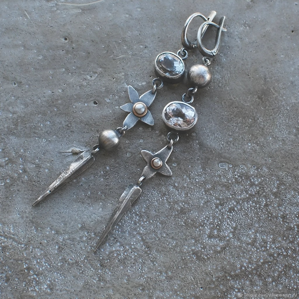 Geometric antique silver plated long pendant earrings with XINGX design and rhinestone detailing