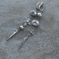 Geometric antique silver plated long pendant earrings with XINGX design and rhinestone detailing