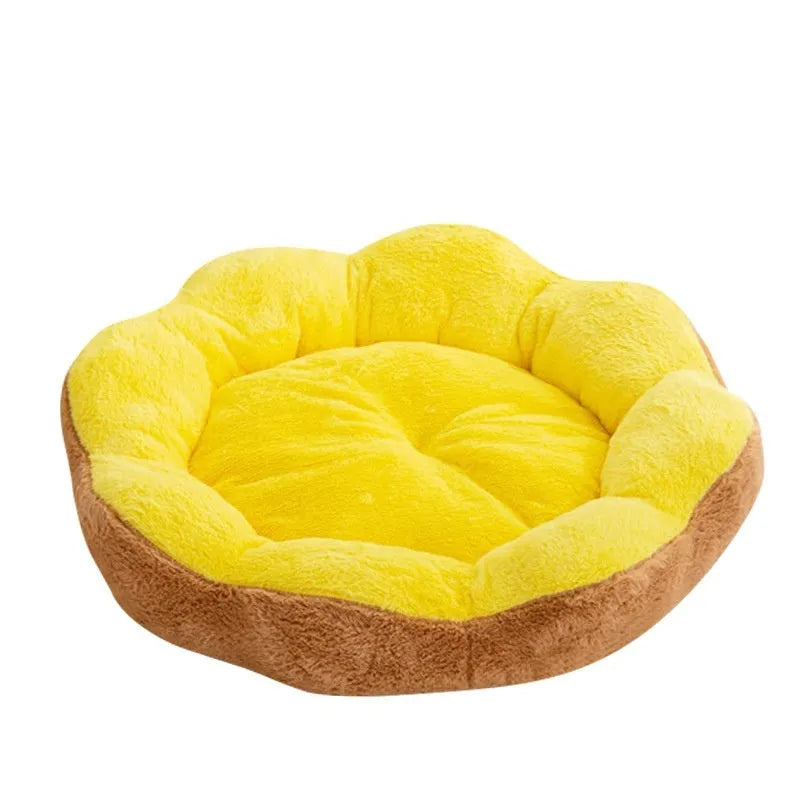 Round grey and black rabbit plush pet bed for cats with a thick, padded rim.
