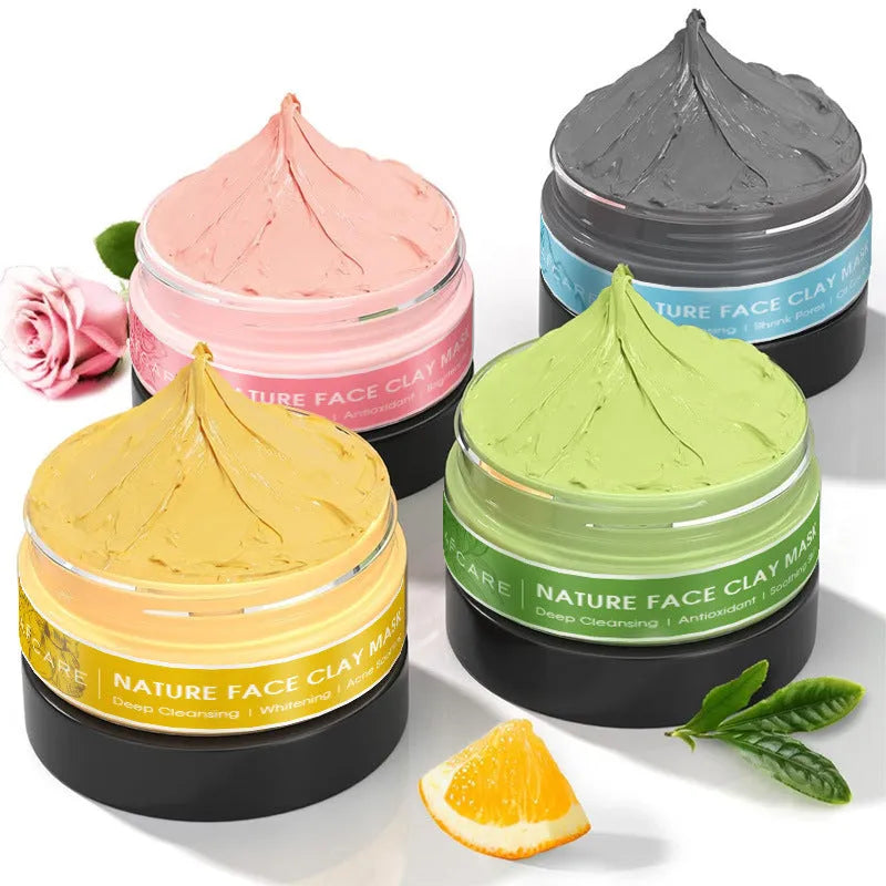 Four tubes of clay face mask set featuring Dead Sea mud, green tea, turmeric, and rose clay extracts.