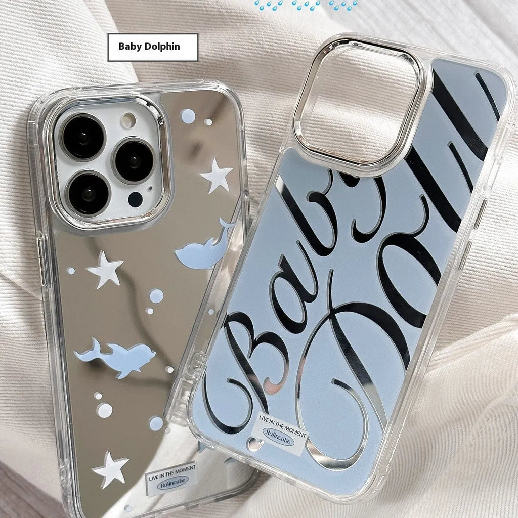 Blue transparent iPhone case with mirror accents and JMKJ English letters, shown fitted to a phone.