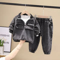 Boys' black denim suit set with long sleeves in Korean style, showing both top and trousers