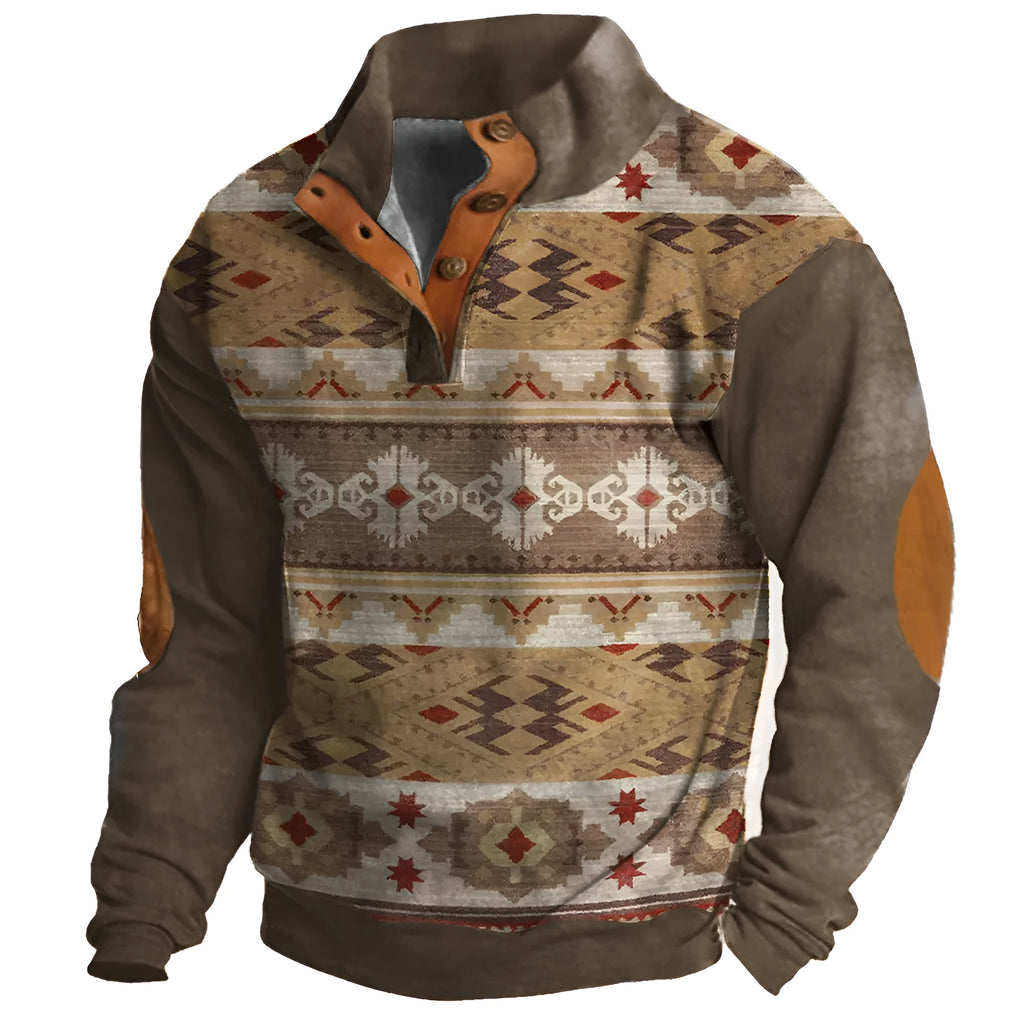 Men's loose fit long-sleeved sweater with 3D digital print pattern and four-button front closure
