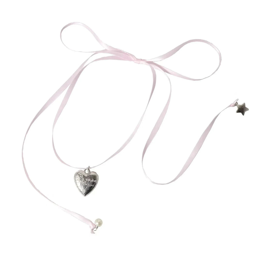 Women's ribbon love pendant fashion necklace in alloy metal with electroplated finish