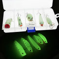 Set of five 3D fluorescent hard bait fishing lures with luminous details.
