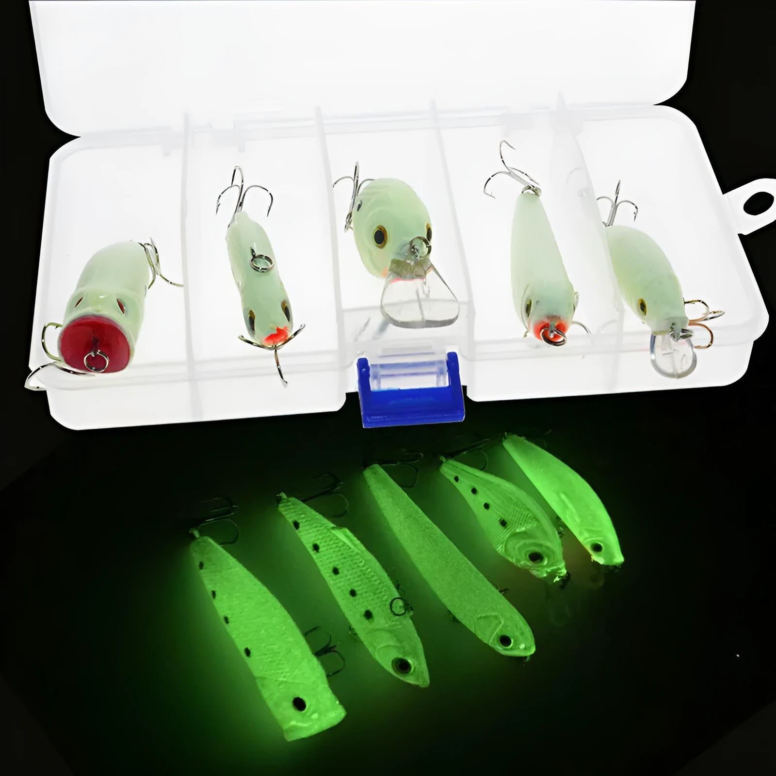 Set of five 3D fluorescent hard bait fishing lures with luminous details.