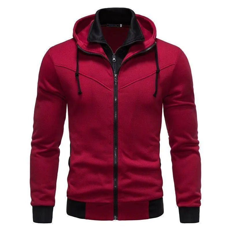 Sports Leisure Color-block Hooded Jacket in black slim fit polyester cardigan style
