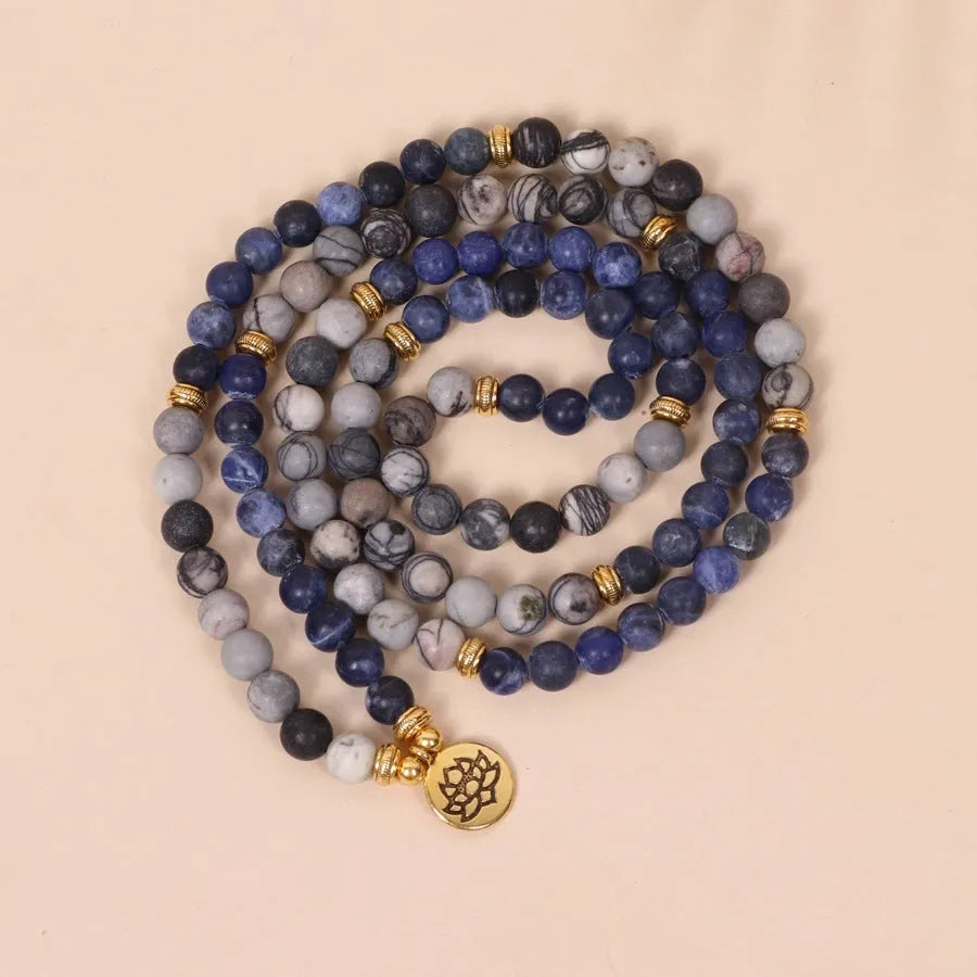 Blue patterned network stone bead multi layer bracelet with alloy construction