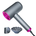 Grey household hair dryer with brushed motor, three speed gears, and air collector attachment on a white background