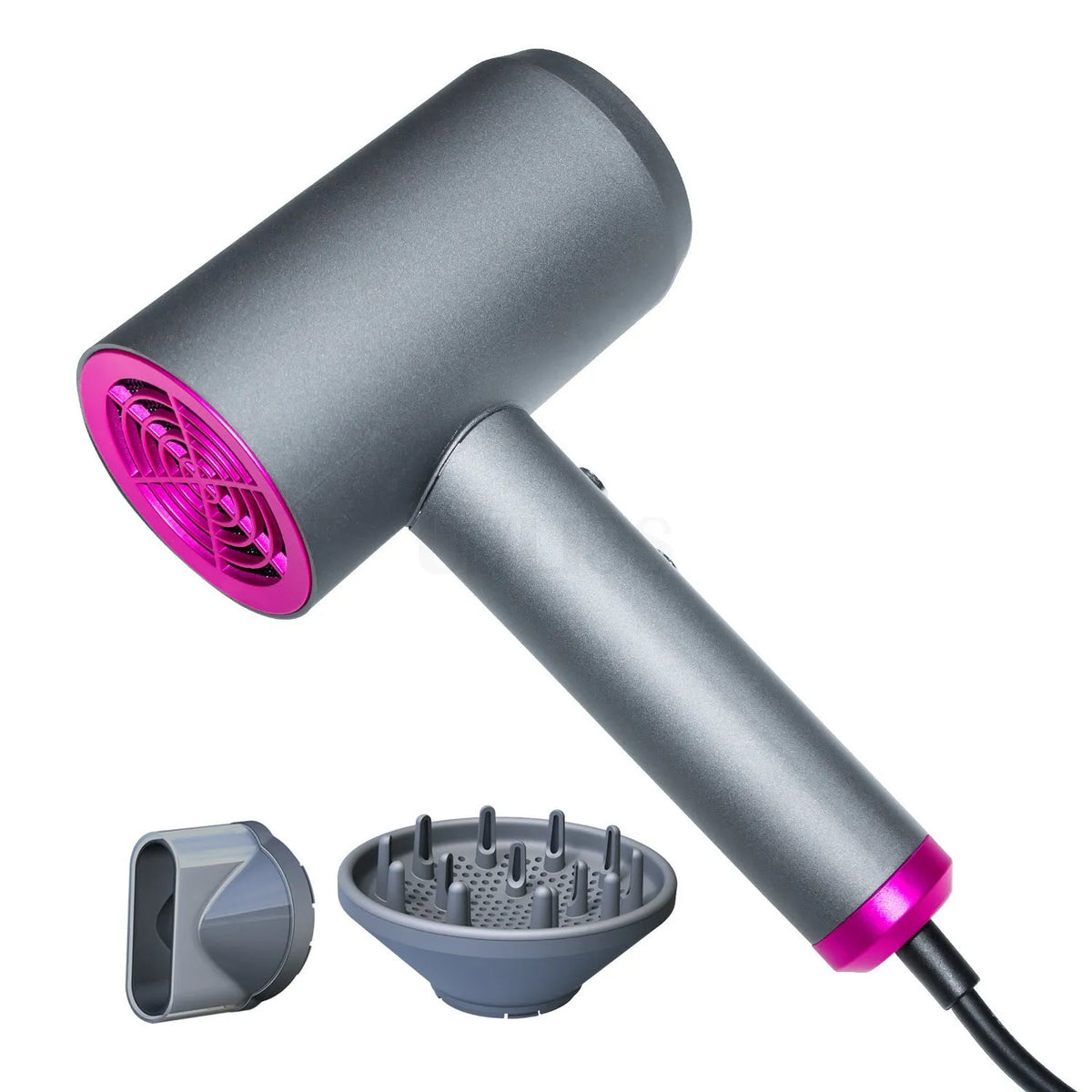 Grey household hair dryer with brushed motor, three speed gears, and air collector attachment on a white background