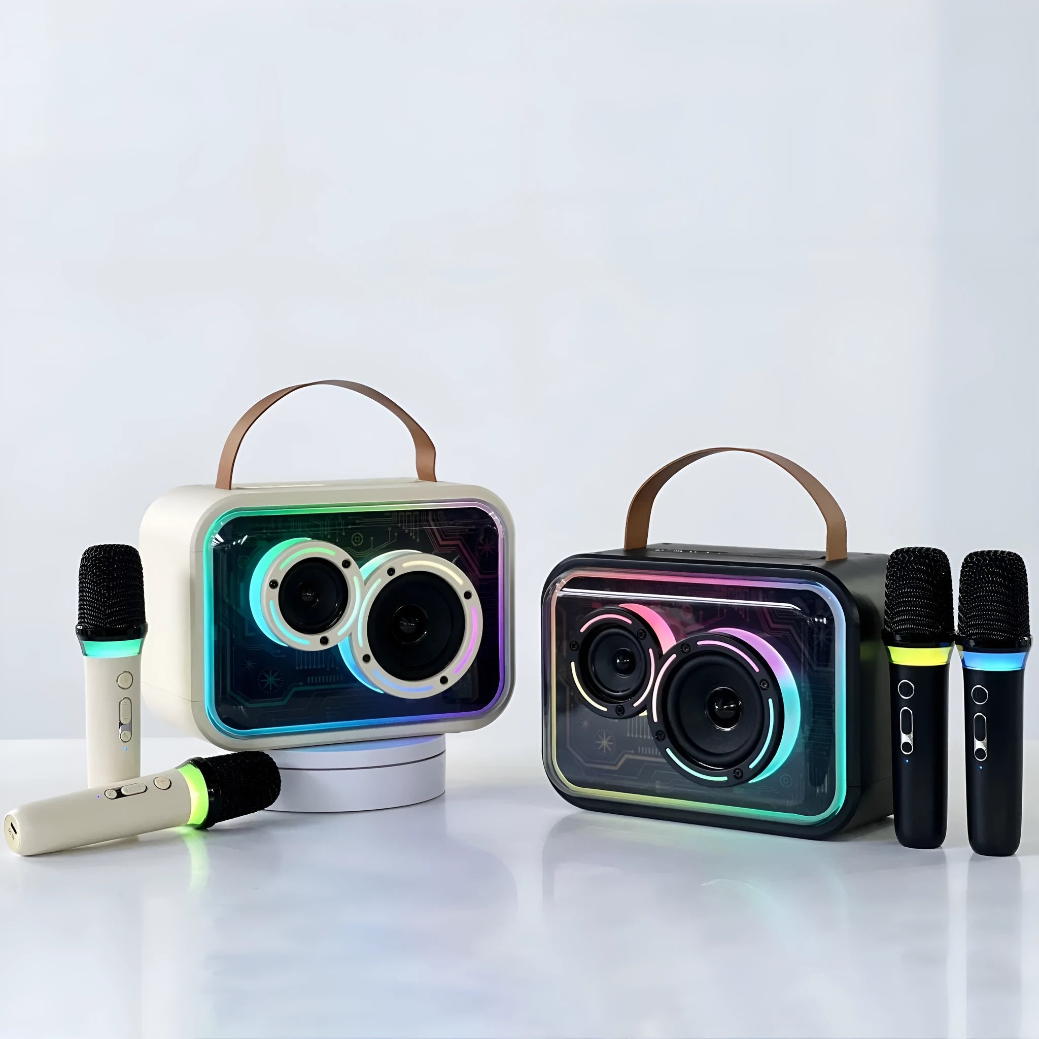 Portable Bluetooth karaoke speaker with RGB lights in light yellow or black with microphone