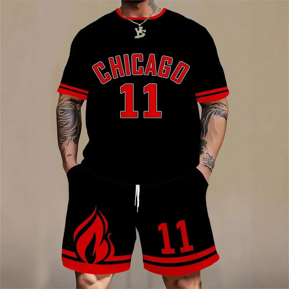 Men's grey 3D printed letter short sleeve top and matching shorts sportswear set laid flat.