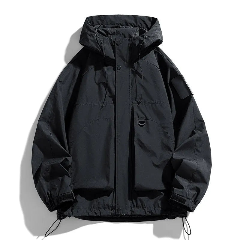 Men's black waterproof windproof hooded jacket with long sleeves on a hanger.