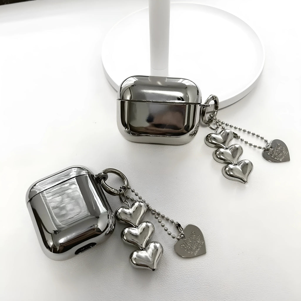Electroplated solid colour TPU headphone case with attached heart pendant jewellery for AirPods