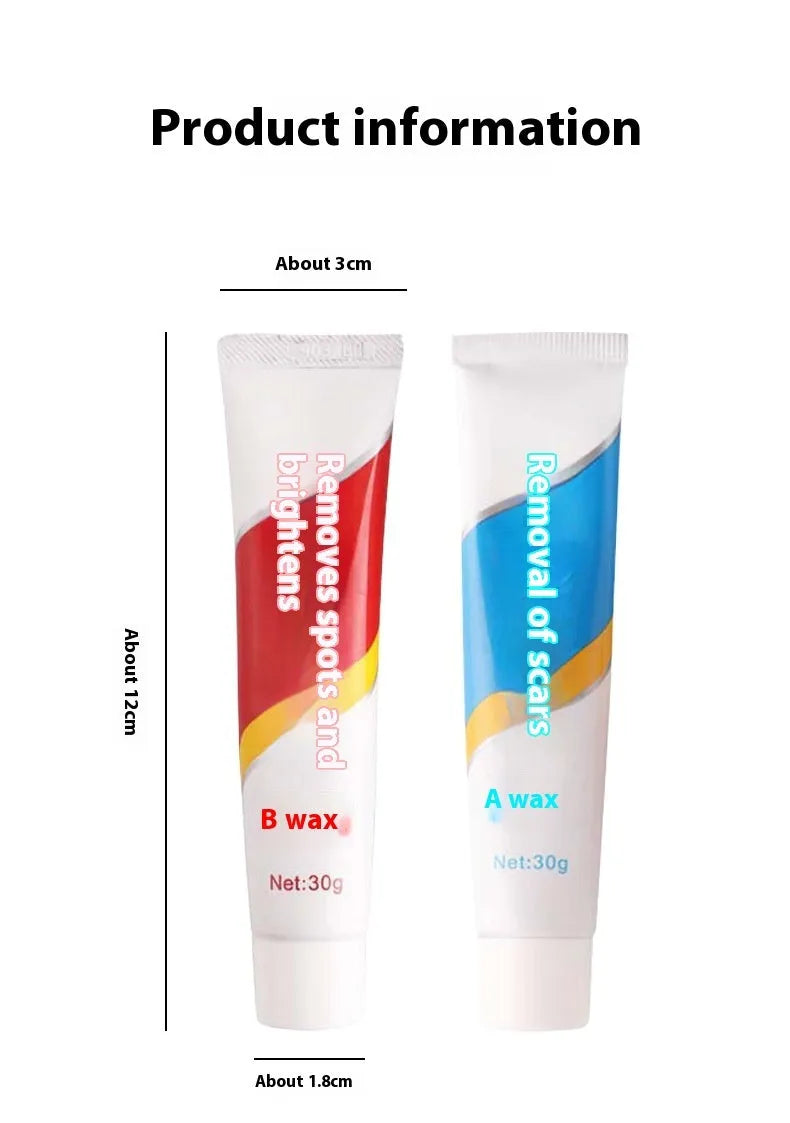 Car repair wax kit showing scratch removal A wax, brightening B wax, and a frosted sponge mop