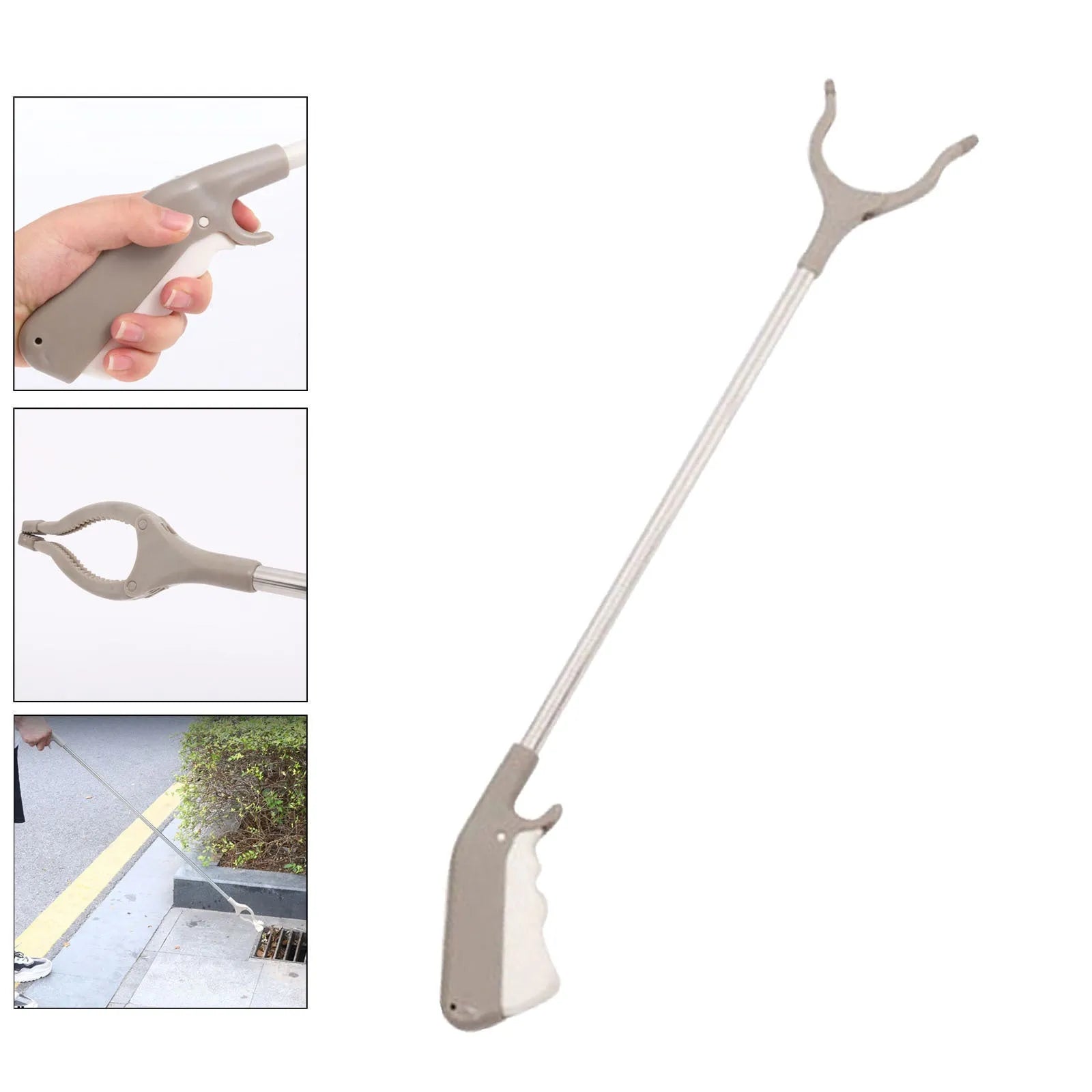 Stainless steel and plastic extended garbage picker tool with push handle and gripper jaws.