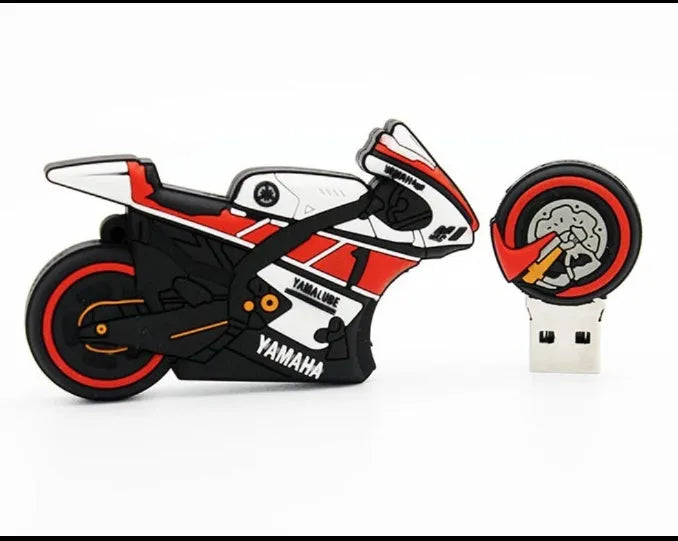 Cartoon motorcycle USB drive with wrist strap in red and white, 4GB to 64GB capacity options