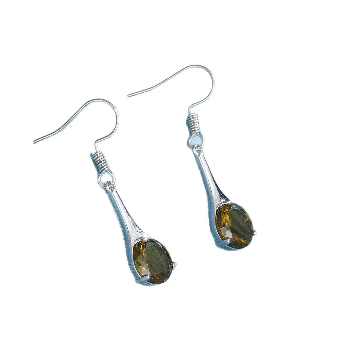 Women's olive green topaz earrings with water drop shape and retro minimalist design