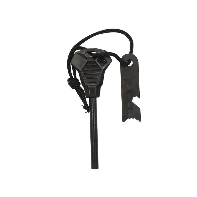 Black outdoor multifunctional survival flint with magnesium rod and stainless steel scraper tool.