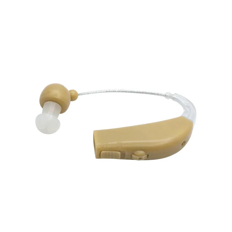 Black rechargeable hearing aid amplifier with silicone ear tips for elderly hearing support