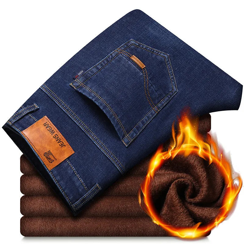 Thickened plush jeans for men, cotton straight tube, blue colour, warm winter casual trousers