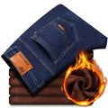 Thickened plush jeans for men, cotton straight tube, blue colour, warm winter casual trousers