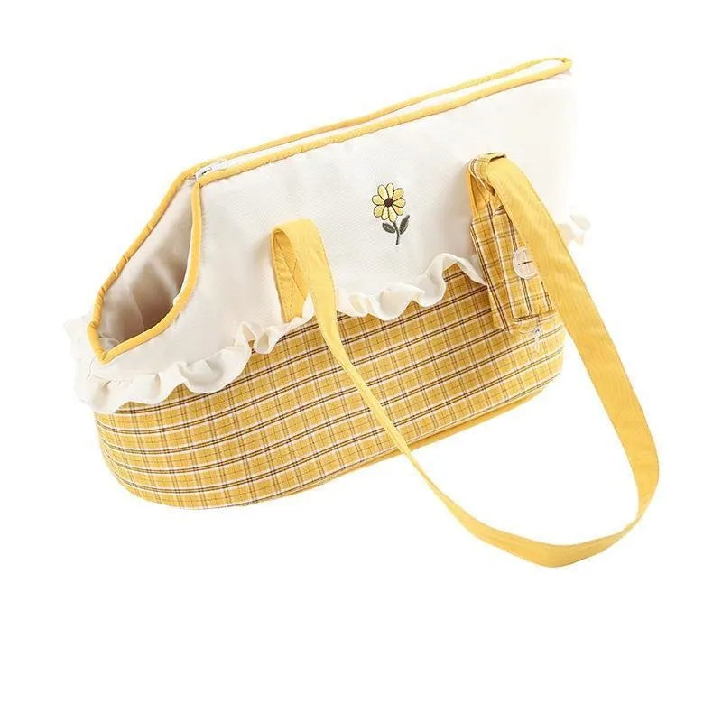 Shoulder cat bag with cartoon vertical stripes in green, red, and yellow colours for small pet transport