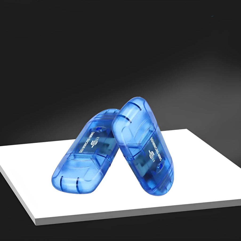 Transparent plastic USB card reader with SD and MS slots on a white background.