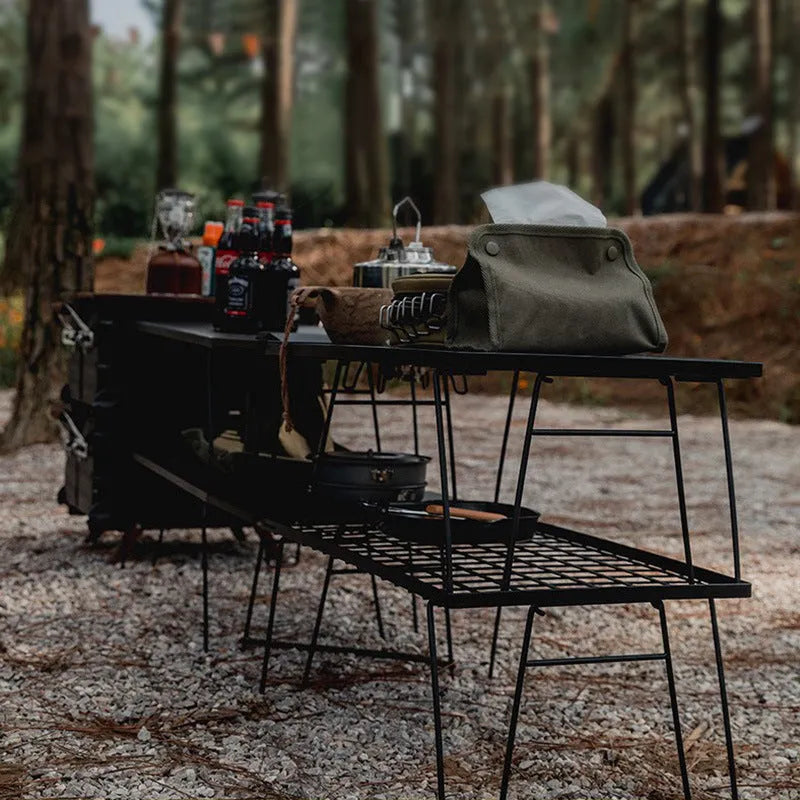 Outdoor portable iron folding table with double shelf for camping and barbecue use