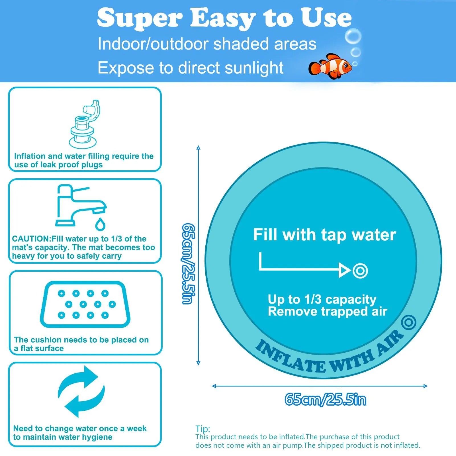 Square blue PVC water playmat for cats with floating fish toys inside, shown inflated on a floor.