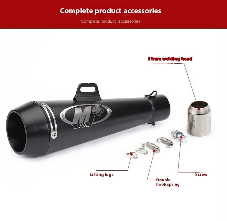 Universal M4 motorcycle exhaust pipe in various finish options including black, titanium, and blue.