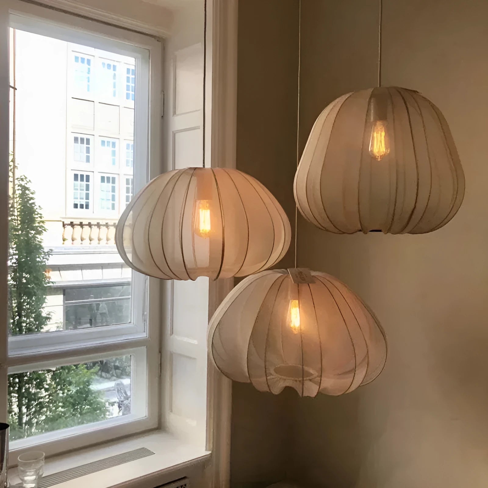 Japanese style net pumpkin ceiling lamp in iron, shown in a grey-blue colour variant.
