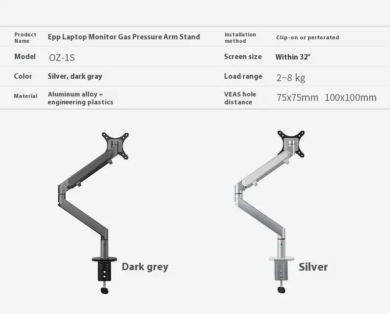 Aluminium alloy computer stand with adjustable arm bracket in silver colour supporting a laptop