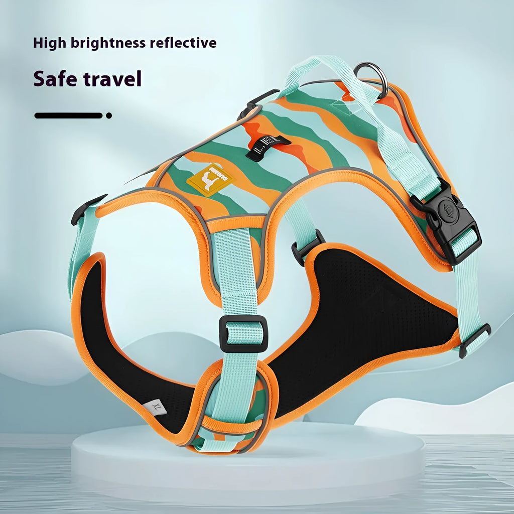 Reflective orange dog harness lead with integrated hand-holding rope on a dog's chest and back.