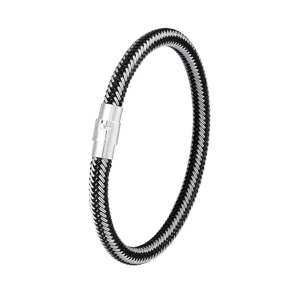 Titanium steel geometric wire bracelet with a magnet clasp shown in one of four colour options.