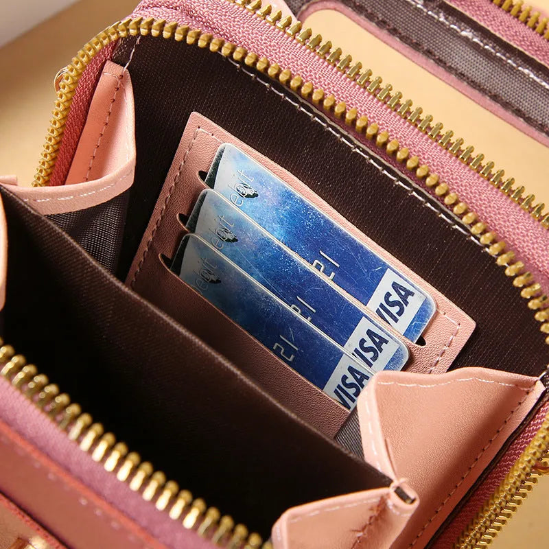 Women's transparent crossbody shoulder bag in PU material with touch screen phone capability, available in multiple colours