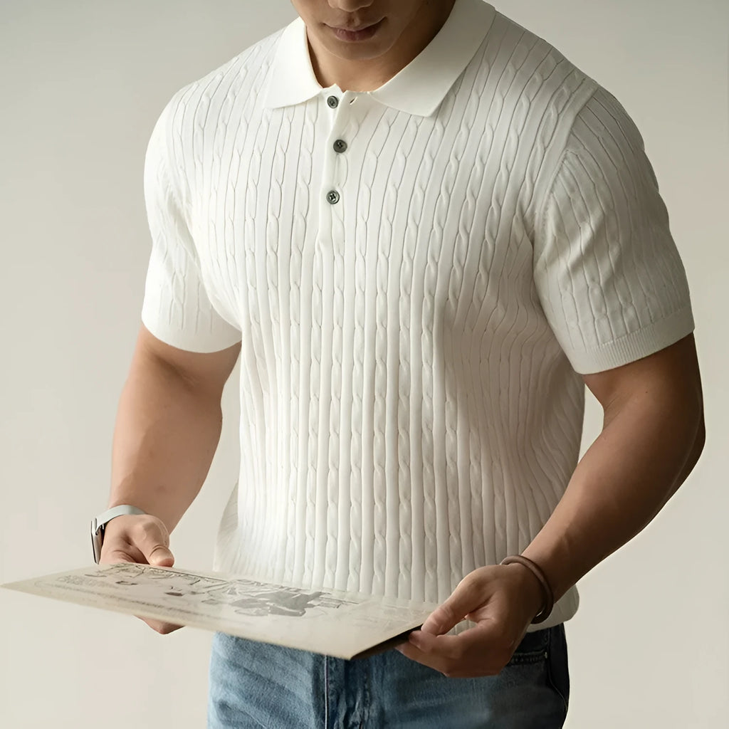 Man's short-sleeve business top in khaki, black, or white, featuring a mixed fabric blend for office wear.