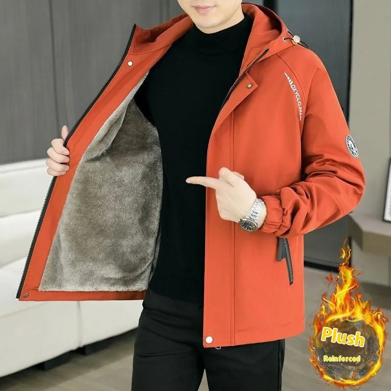 Men's casual hooded fleece-lined corduroy jacket in black, available in sizes M to 4XL