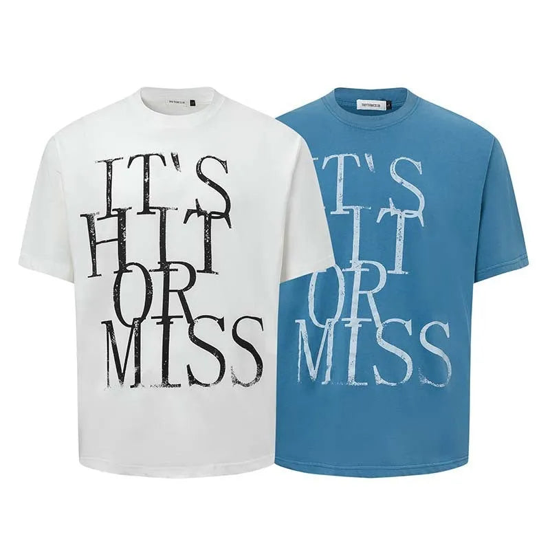 Men's blue American-style t-shirt with white letter print across chest