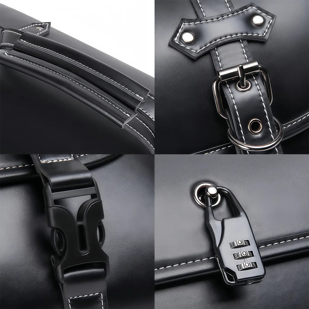 Dark punk style motorcycle tail bag with a built-in coded lock, made from PU material.