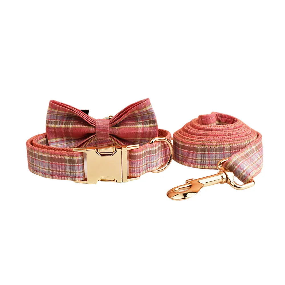 Plaid dog collar and leash set with bow and vest accessories in adjustable sizes