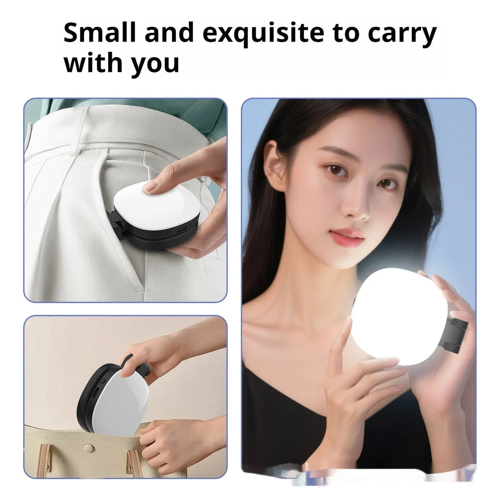 Black and white mini portable fill light with magnetic phone holder showing three colour temperature settings