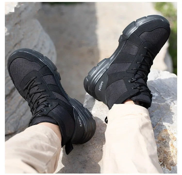 Steel toe anti-smash anti-puncture high top safety shoes in beige and black on white background