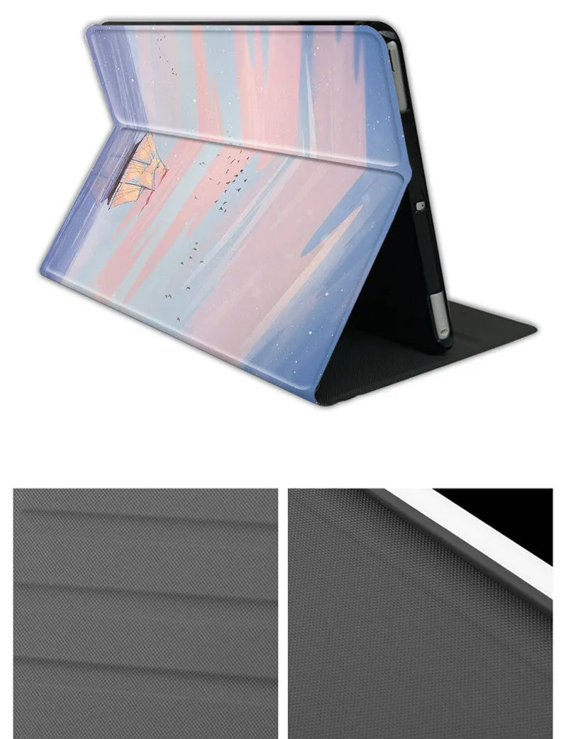 Silicone dreamy painting style sailing cover for iPad with sailboat design, book style case