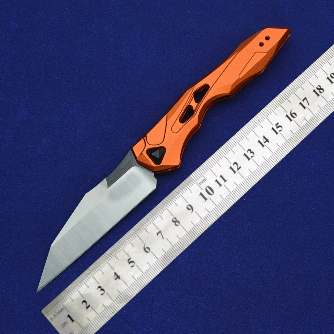 Black folding fruit knife with D2 steel blade and aviation aluminium handle open showing 19cm length