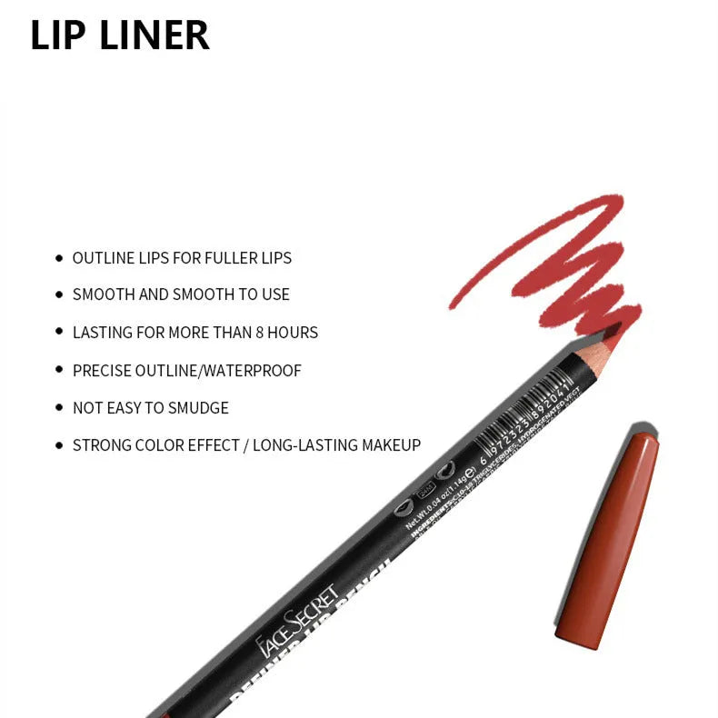 Matte wood effect lip liner pencil in 14 shades showing precise tip for application