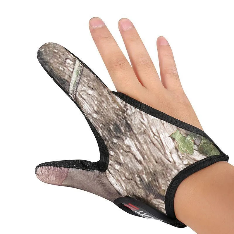 Single two-finger fishing glove in camouflage colour for right hand.