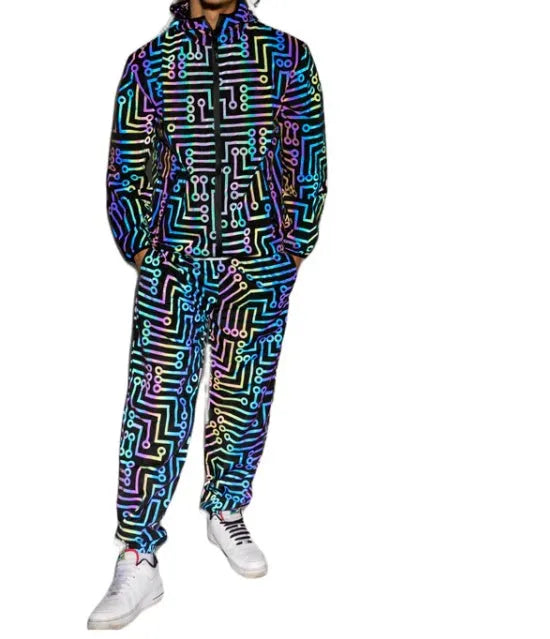 Black hooded reflective jacket for dance, polyester fabric, straight hem, front view on model